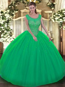 Latest Scoop Sleeveless Quinceanera Gown Floor Length Beading Green Tulle