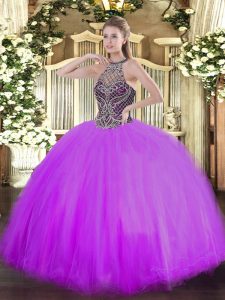 Modern Floor Length Lilac Sweet 16 Quinceanera Dress Tulle Sleeveless Beading