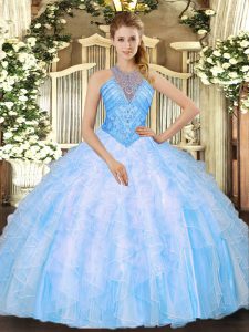 Inexpensive Baby Blue Sleeveless Organza Lace Up Ball Gown Prom Dress for Military Ball and Sweet 16 and Quinceanera