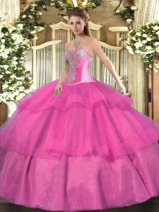 Graceful Sweetheart Sleeveless Sweet 16 Dresses Floor Length Beading and Ruffled Layers Hot Pink Tulle