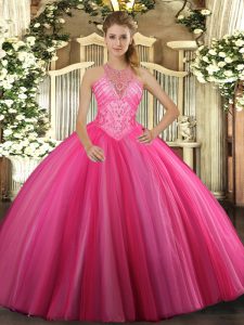 Fashion High-neck Sleeveless 15 Quinceanera Dress Floor Length Beading Hot Pink Tulle