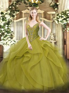 High Class V-neck Sleeveless Quince Ball Gowns Floor Length Beading and Ruffles Olive Green Tulle
