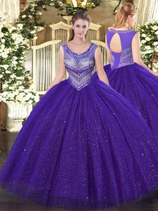 New Style Floor Length Lace Up Quinceanera Gown Purple for Sweet 16 and Quinceanera with Beading
