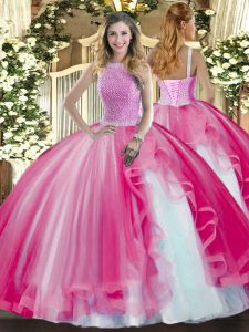 Floor Length Hot Pink Ball Gown Prom Dress Tulle Sleeveless Beading and Ruffles