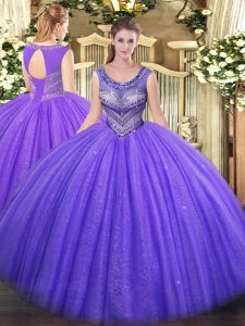 Scoop Sleeveless Lace Up Quinceanera Dresses Lavender Tulle
