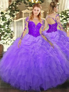 Excellent Lavender Lace Up Quince Ball Gowns Lace and Ruffles Long Sleeves Floor Length