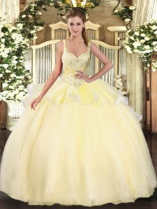 Luxury Straps Sleeveless Sweet 16 Dresses Floor Length Beading Gold Organza