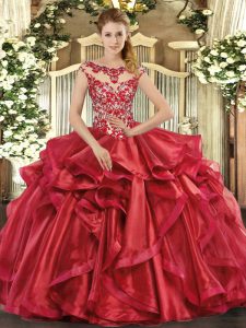 Excellent Cap Sleeves Floor Length Appliques and Ruffles Lace Up 15 Quinceanera Dress with Red