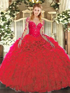 Classical Red 15th Birthday Dress Military Ball and Sweet 16 and Quinceanera with Lace and Ruffles Scoop Sleeveless Lace Up
