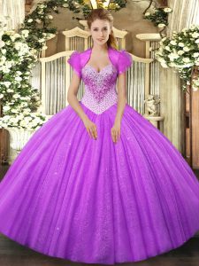 New Arrival Lilac Ball Gowns Beading Quinceanera Gowns Lace Up Tulle Sleeveless Floor Length