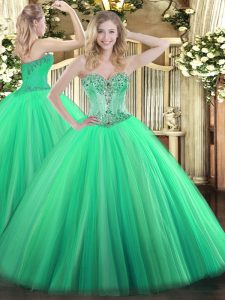 Chic Turquoise Lace Up Quince Ball Gowns Beading Sleeveless Floor Length