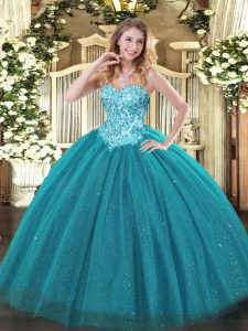 Sophisticated Teal Ball Gowns Tulle and Sequined Sweetheart Sleeveless Appliques Floor Length Lace Up Quinceanera Dress