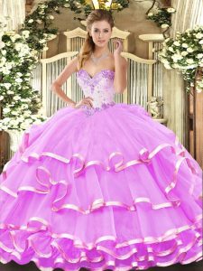 Flirting Floor Length Lilac 15th Birthday Dress Organza Sleeveless Beading and Ruffled Layers