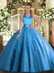 Sleeveless Floor Length Appliques Lace Up Quince Ball Gowns with Baby Blue