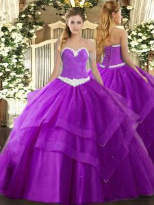 Sweetheart Sleeveless Quince Ball Gowns Floor Length Appliques and Ruffled Layers Purple Tulle