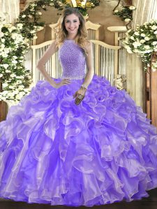 Lavender High-neck Neckline Beading and Ruffles Quinceanera Gown Sleeveless Lace Up