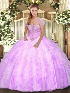 Stylish Ball Gowns Vestidos de Quinceanera Lilac Strapless Tulle Sleeveless Floor Length Lace Up