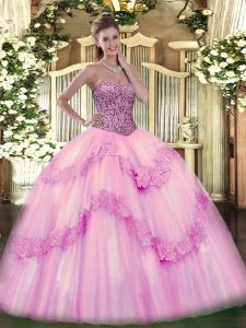 Custom Fit Beading and Appliques and Ruffles Quinceanera Gown Pink Lace Up Sleeveless Floor Length