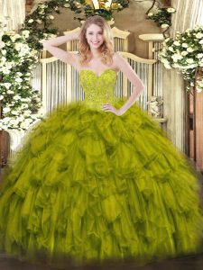 Ideal Olive Green Sleeveless Organza Lace Up Sweet 16 Quinceanera Dress for Military Ball and Sweet 16 and Quinceanera
