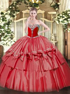 Flirting Coral Red Sleeveless Organza and Taffeta Lace Up Quinceanera Dresses for Military Ball and Sweet 16 and Quinceanera