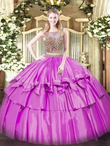 Adorable Lilac Organza and Taffeta Lace Up Scoop Sleeveless Floor Length Ball Gown Prom Dress Beading and Ruffled Layers