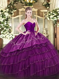 Admirable Eggplant Purple 15 Quinceanera Dress Military Ball and Sweet 16 and Quinceanera with Embroidery and Ruffled Layers Sweetheart Sleeveless Zipper
