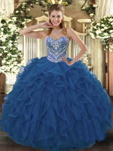 Noble Blue Sleeveless Tulle Lace Up 15th Birthday Dress for Military Ball and Sweet 16 and Quinceanera