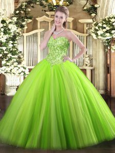 Pretty Ball Gowns Sweetheart Sleeveless Tulle Floor Length Lace Up Appliques Quinceanera Dress