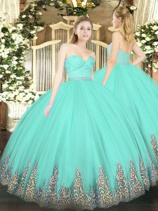 Apple Green Tulle Zipper Sweetheart Sleeveless Floor Length 15 Quinceanera Dress Beading and Lace and Appliques