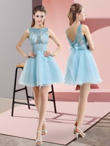 Latest Aqua Blue Sleeveless Beading and Belt Mini Length Prom Gown