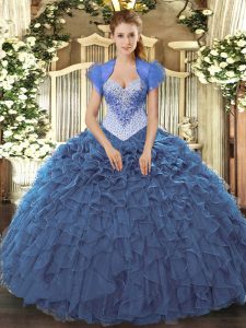 Custom Design Navy Blue Lace Up Sweetheart Beading and Ruffles Quince Ball Gowns Organza Sleeveless