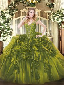 Olive Green Lace Up 15th Birthday Dress Beading and Ruffles Sleeveless Floor Length
