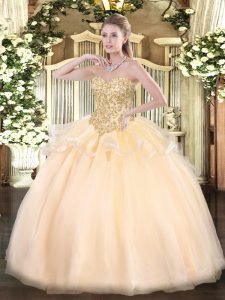 Stunning Champagne Sleeveless Organza Lace Up Quinceanera Gowns for Sweet 16 and Quinceanera