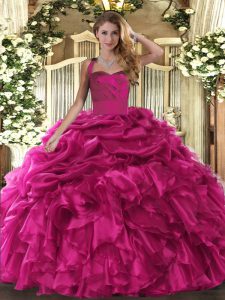 Hot Pink Halter Top Lace Up Ruffles and Pick Ups Sweet 16 Dress Sleeveless