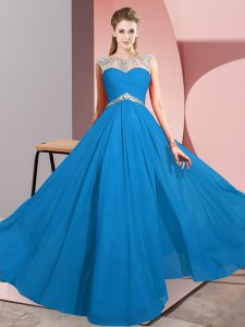 Floor Length Clasp Handle Prom Gown Blue for Prom and Party with Beading