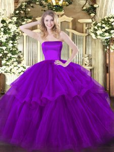 Purple Sleeveless Tulle Brush Train Zipper Ball Gown Prom Dress for Military Ball and Sweet 16 and Quinceanera