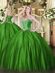 Wonderful Green Satin Lace Up Quinceanera Gown Sleeveless Floor Length Beading