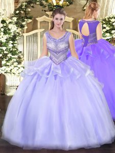 Lovely Lavender Sleeveless Floor Length Beading Lace Up Quinceanera Gown