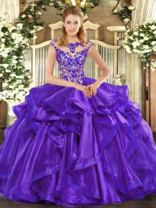 Trendy Purple Scoop Neckline Beading and Ruffles 15th Birthday Dress Cap Sleeves Lace Up