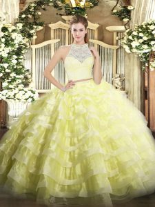 Lace and Ruffled Layers 15 Quinceanera Dress Yellow Zipper Sleeveless Floor Length