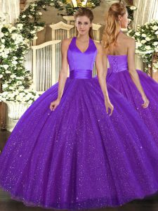 Floor Length Purple Quince Ball Gowns Tulle Sleeveless Sequins