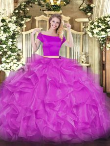 Perfect Fuchsia Short Sleeves Organza Zipper Quince Ball Gowns for Military Ball and Sweet 16 and Quinceanera
