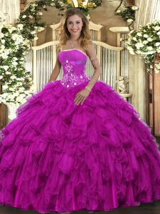 Super Fuchsia Ball Gowns Beading and Ruffles Sweet 16 Quinceanera Dress Lace Up Organza Sleeveless Floor Length