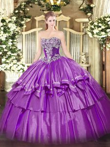Purple Ball Gowns Organza and Taffeta Strapless Sleeveless Beading and Ruffled Layers Floor Length Lace Up Sweet 16 Quinceanera Dress