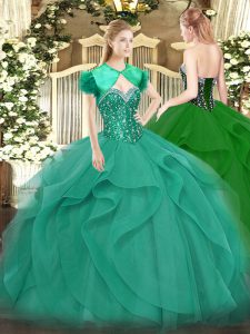 Cheap Sleeveless Tulle Floor Length Lace Up 15 Quinceanera Dress in Turquoise with Beading and Ruffles