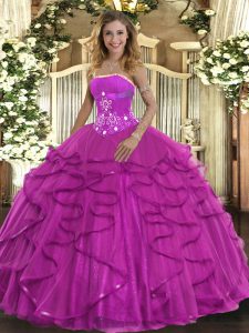 Fuchsia Strapless Lace Up Beading and Ruffles 15th Birthday Dress Sleeveless