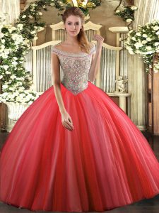Luxurious Off The Shoulder Sleeveless Lace Up Vestidos de Quinceanera Coral Red Tulle