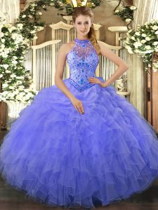 Blue Lace Up Halter Top Beading and Embroidery and Ruffles Quinceanera Dresses Organza Sleeveless