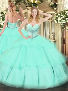 Apple Green Sleeveless Floor Length Beading and Ruffled Layers Lace Up Quinceanera Gowns
