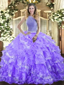 Customized Sleeveless Floor Length Beading and Ruffled Layers Lace Up Quince Ball Gowns with Lavender